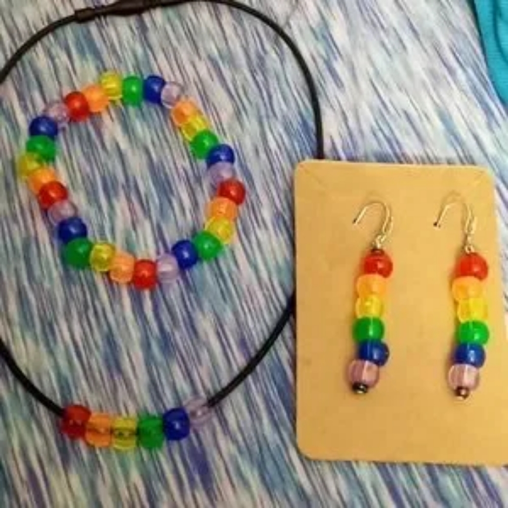 Hand crafted LGBTQ rainbow pride jewelry set necklace bracelet and earrings set
